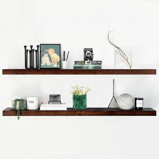 Homeforia Walnut 60 inch Floating Shelf, High End Solid Real Wood 60inch Long Floating Shelf for Wall, Dark Brown Wooden 60in Large Floating Shelves, Heavy Duty Bracket, 60 X 6.5 X 1.75 inch, Set of 2-Ruum Studio Home