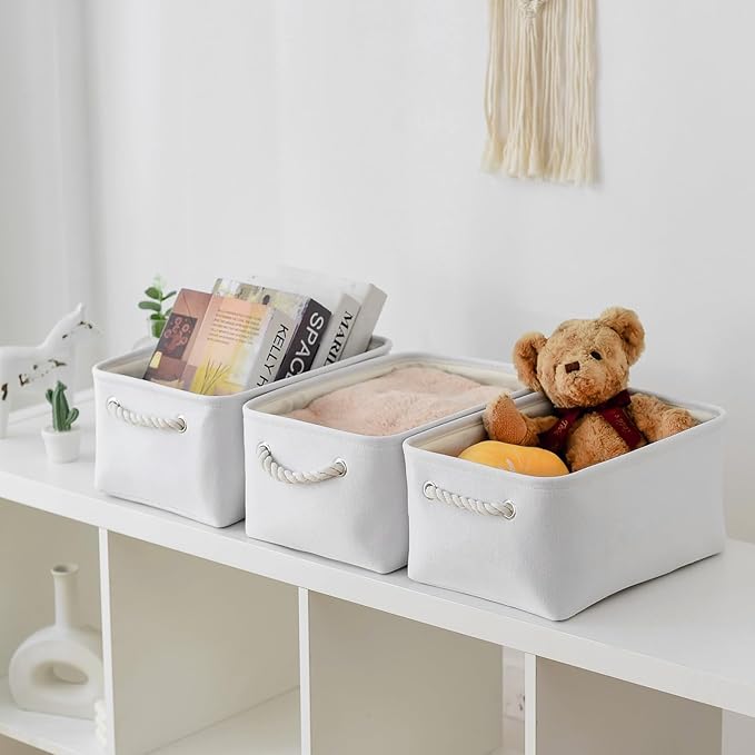 TheWarmHome Storage Bins for Shelves - Medium 3Pack 13.8L*9.8W*6.7H inch Fabric Storage Cubes Canves Storage Basket for Organizing Toys Baby Clothes Gift Dog (White)-Ruum Studio Home