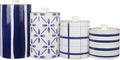Young's Inc. 4 Pcs Set Cylindrical Ceramic Canisters- Storage Container for Kitchen and Bathroom - Beautiful Home Decor Accent to Store Food, Coffee, Tea, and More - White, Blue-Ruum Studio Home