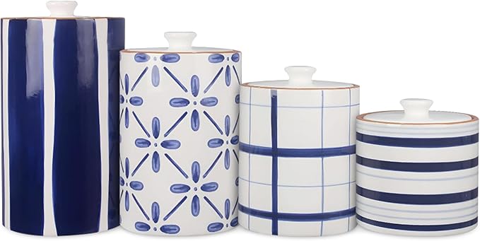 Young's Inc. 4 Pcs Set Cylindrical Ceramic Canisters- Storage Container for Kitchen and Bathroom - Beautiful Home Decor Accent to Store Food, Coffee, Tea, and More - White, Blue-Ruum Studio Home