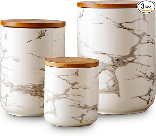 Ceramic Canister Set with Bamboo Airtight Lids, 3-Piece Kitchen Storage Jars (48oz, 30oz, 12oz) – White with Gold Marble Pattern, Glossy Finish, for Coffee, Sugar, Flour & More-Ruum Studio Home