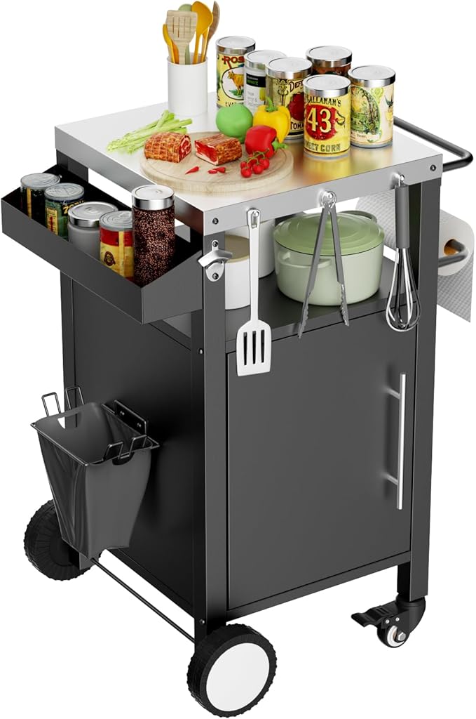 KEIKI Outdoor Grill Cart with Storage and Wheels, Rolling BBQ Prep Table with Spice Rack, Hooks, and Side Handles, Black Metal Bar Cart for Patio Kitchen and Grilling Accessories-Ruum Studio Home