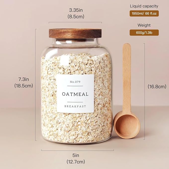 2 PCS Large Glass Jar with Airtight Lid, Glass Food Storage Jars for Tea,Spice,Cereal, Egg,Flour,Coffee and More(70 FL OZ/2000 ml)-Ruum Studio Home