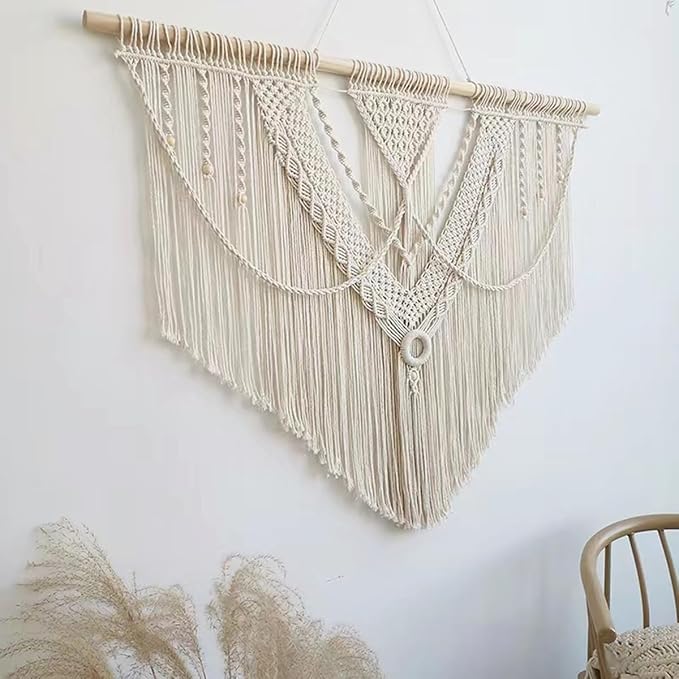 guzhiou large macrame wall hanging - Boho Tapestry Macrame Wall Decor Art- Chic Bohemian Handmade Woven Tapestry Home Decoration for Bedroom Living Room Apartment Wedding Party - 43"x32" (Beige-A)-Ruum Studio Home