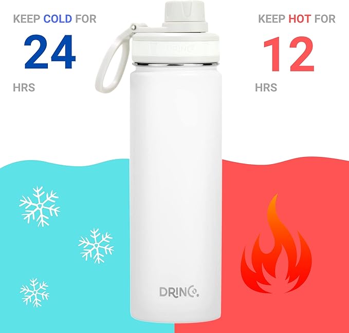 DRINCO Stainless Steel Water Bottle Spout Lid Vacuum Insulated Double Wall Water Bottle Wide Mouth (40oz 32oz 22oz 18oz 14oz) Leak Proof Keeps Cold or Hot (22 oz, 22oz Artic White)-Ruum Studio Home