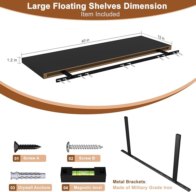 40 Inch Floating Shelf 3 Pack Large Floating Shelves for Wall No Drilling Accessories Included Deep Wall Shelves for Living Room Kitchen Farmhouse 40" W x 12" D x 1.2" Black-Ruum Studio Home