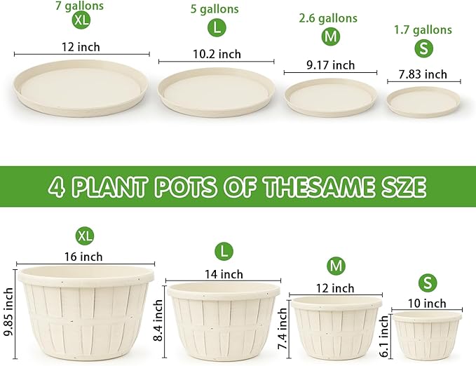 Quarut Plant Planters Pots Set of 4 Pack 16 Inch，Large Plastic Flower Pot for Indoor Plants with Drainage Holes & Trays, Whiskey Barrel Planters with Saucer for House Outdoor Garden Plant（White）-Ruum Studio Home