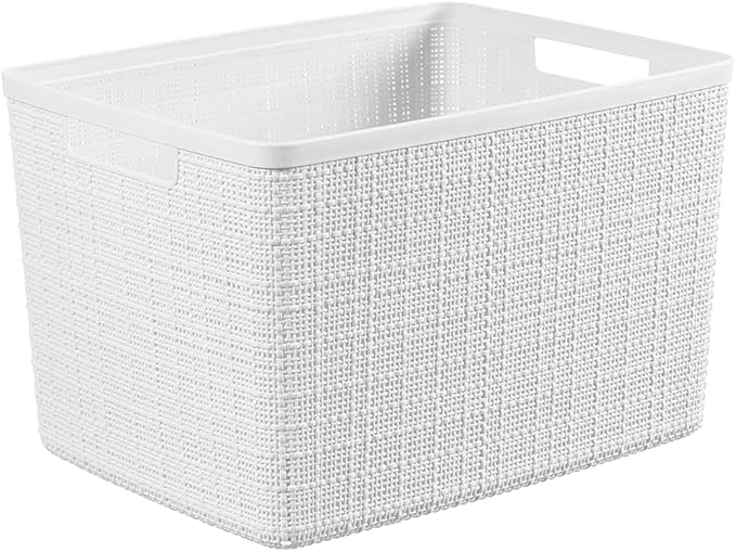 Curver Set of 4 Jute Large Decorative Plastic Organization and Storage Baskets, Perfect Bins for Home Office, Closet Shelves, Kitchen Pantry and All Bedroom Essentials, White-Ruum Studio Home