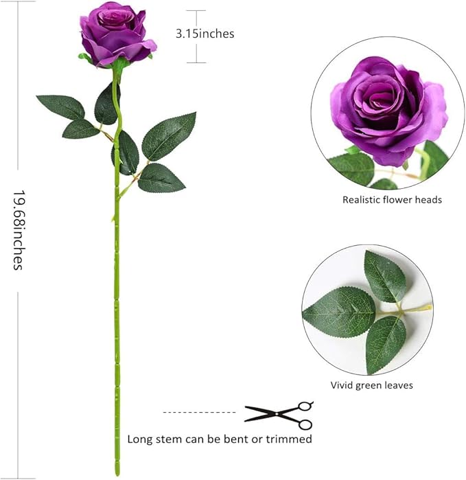 Purple Fake Roses Artificial Flowers - 10 Pcs Fake Artificial Roses Silk Flowers with Stems for Home Wedding Hotel Office Centerpiece Decor-Ruum Studio Home