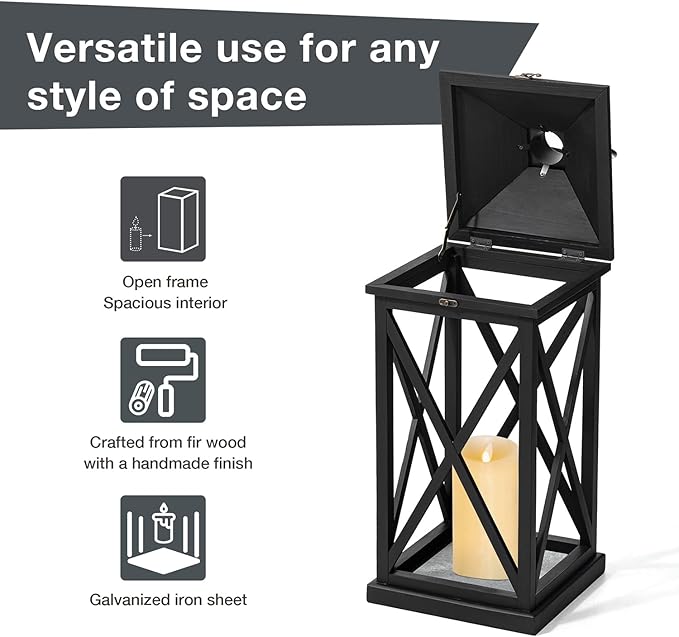 Glitzhome Modern Farmhouse Wooden Lantern Hanging Decorative Candle Lantern for Outdoor & Indoor Black Set of 2 (No Glass)-Ruum Studio Home