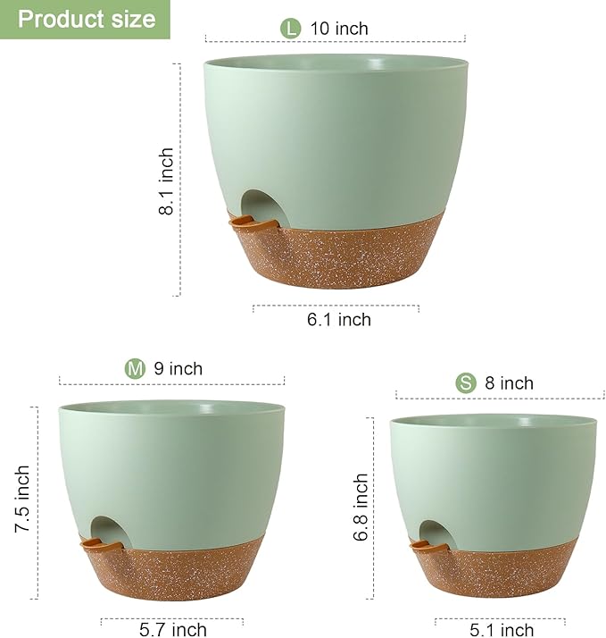10/9/8 inch Self Watering Pots, Planter, Plant Pots with Mesh Drainage Holes for Indoor Outdoor Garden Plants, Plastic Flower Pots with Deep Reservoir for House Plants, Green with Brown-Ruum Studio Home