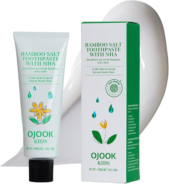 Kids Fluoride Free Bamboo Salt Toothpaste with nHA - Pure Dew | Nano Hydroxyapatite, Remineralizing, Strengthening Enamel for First Teeth, Safe to Swallow (3oz)-Ruum Studio Home