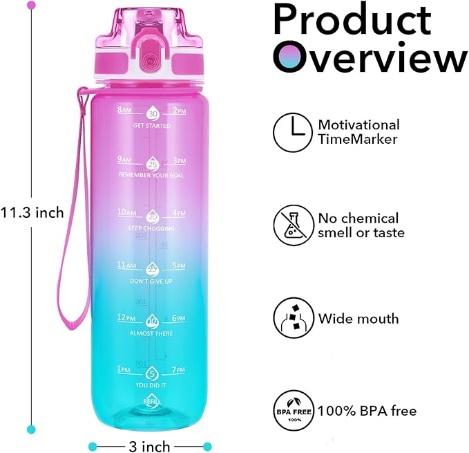 32oz Motivational Water Bottles with Time Marker & Fruit Strainer, Transparent Gradient Color Water Bottle with Times to Drink, Leakproof & BPA Free, Reusable Bottle with Strap (No Straw)-Ruum Studio Home
