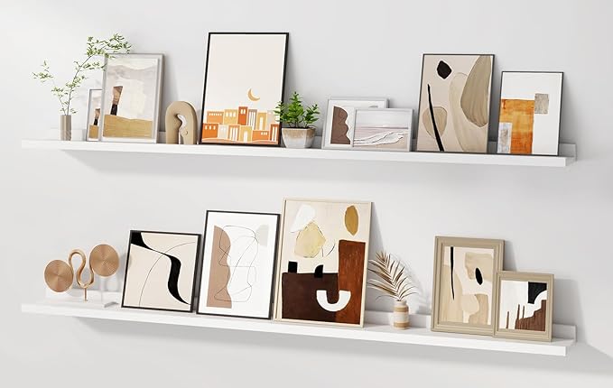 Floating Picture Ledge Shelves for Wall Set of 2, 55 Inches Picture Shelf with Ledge, Nursery Book Shelf for Toys Storage Kids Bookshelf Wall Mounted Living Room Bedroom Decor Frames, White-Ruum Studio Home