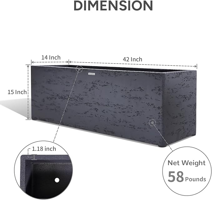 42 Inch Rectangular Concrete Planter（42Lx14Wx15H，58 Pounds）,Durable All-Weather Use with Drainage Holes,Large Rectangular Planter for Outdoor Indoor Plants-Ruum Studio Home