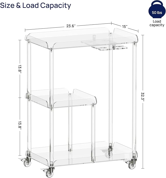 HMYHUM Acrylic Bar Cart with 4 Lockable Wheels, 3 Tier Clear Serving Cart with Glass Holder, Rolling Beverage Cart for Home, Kitchen, Dinning Room, 23.6''D x 15''W x 32.3''H-Ruum Studio Home