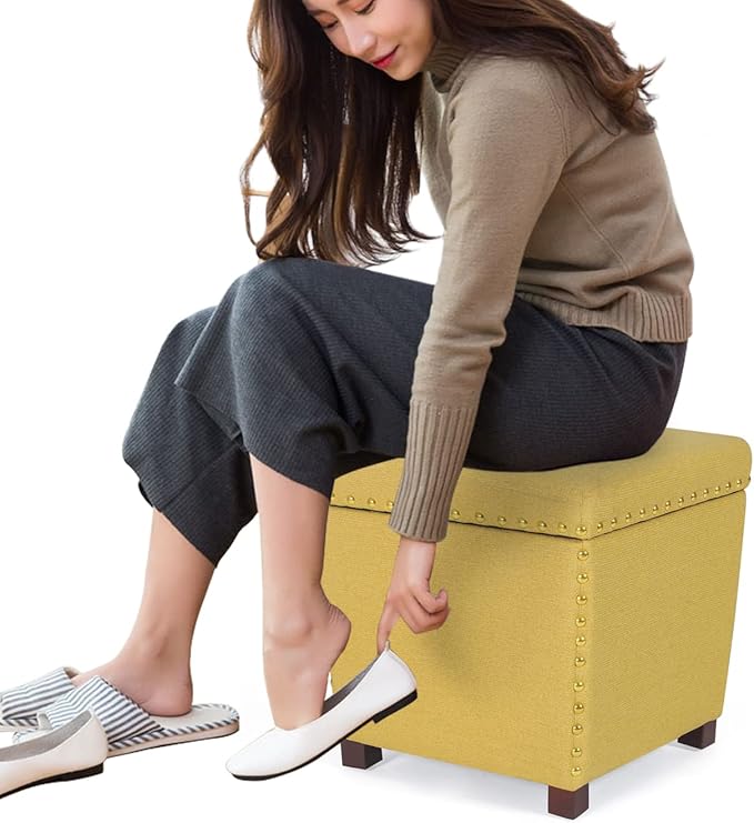 Adeco Square Storage Ottoman with Hinged Lid, Modern Accent Bench Footrest Stool, Coffee Table for Living Room Bedroom,Yellow Large-Ruum Studio Home