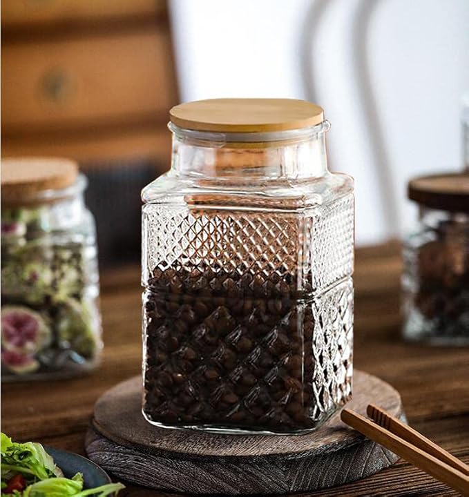 Large Glass Storage Jar, 60 FL OZ Glass Food Storage Containers with Bamboo Lid, Kitchen Containers Cereal Canisters Decorative Jar for Candy Snack Cookies Coffee Tea Nuts Airtight Glass Jars (Square)-Ruum Studio Home