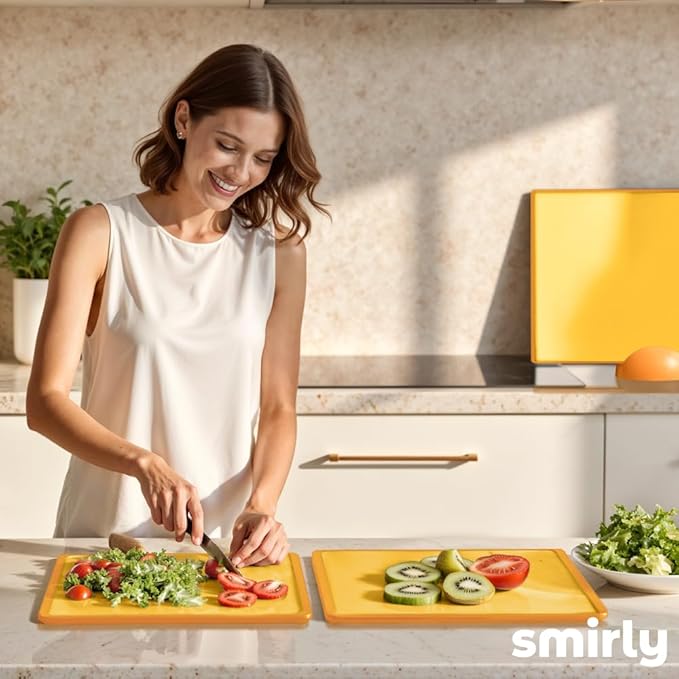SMIRLY Plastic Cutting Board Set with Holder 3 Pieces, Non-Slip Dishwasher Safe Chopping Boards for Kitchen, Yellow-Ruum Studio Home