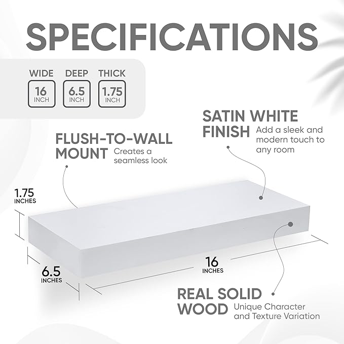 Homeforia White Floating Shelves 16 inch, High End Solid Real Wood 16inch Bathroom Floating Shelf for Wall Mounted, White Wooden 16 Floating Shelves, Heavy Duty Bracket, 16 X 6.5 X 1.75 inch, Set of 2-Ruum Studio Home