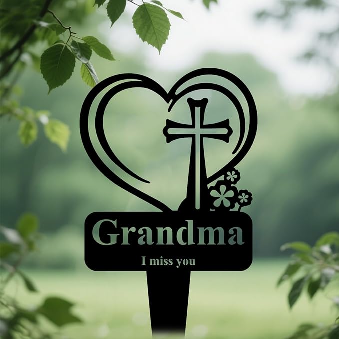 Grandma Memorial Grave Stake, Cemetery Decorations for Grave Markers 12.5 x 7.2 inch Heart Metal Sympathy Stakes Graveside Plaque Decor Sign for Grandma Graves, Yard, Garden - Black-Grandma-Ruum Studio Home