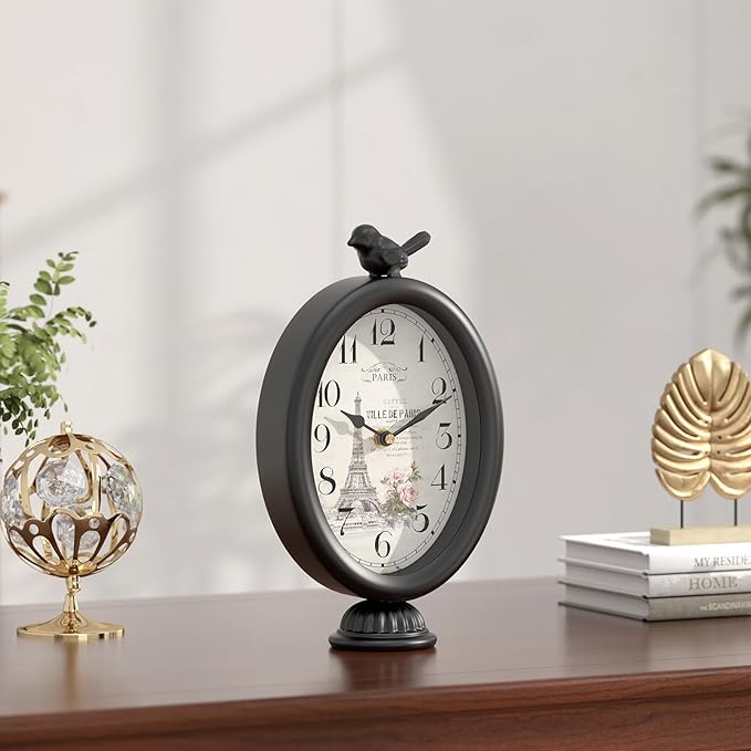 Vintage Table Clock with Bird, Desk and Shelf Decor Clock, French Paris Style, Antique Black Metal Mantel Clocks for Living Room, Farmhouse, Bedroom, Bedside, Gift (10" H x 5.9" W)-Ruum Studio Home