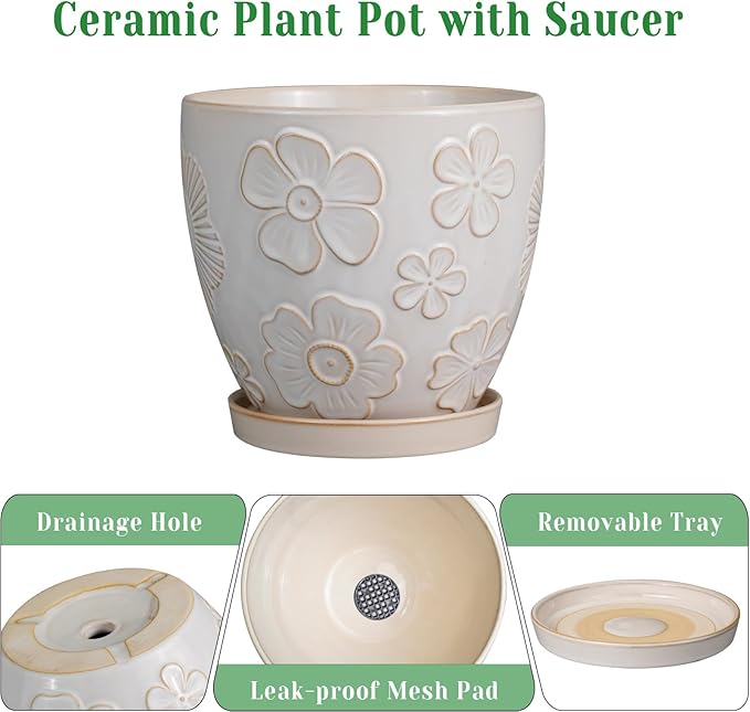 10 Inch Ceramic Planter Pot Large Plant Pot for Indoor Plants Outdoor Round Flower Pot with Drainage Hole and Saucer for Home Garden Decor White-Ruum Studio Home
