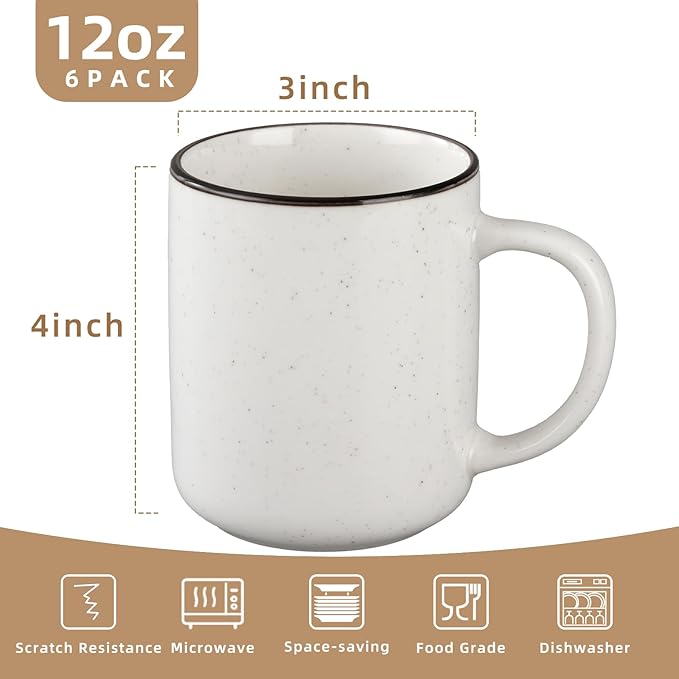 Ceramic Coffee Mug 12 oz Porcelain Coffee Mugs Set of 6 - Ceramic Coffee Cups with Handle and Speckled Patterns for Latte, Tea, Cocoa, Milk, Cappuccino, Microwave & Dishwasher Safe-Ruum Studio Home
