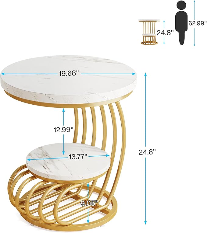 Tribesigns Gold Round End Table: 2 Tiers Side Table Set of 2 with Storage Shelf, Modern White Gold Bedside Nightstand, Metal Faux Marble Accent Table for Living Room-Ruum Studio Home