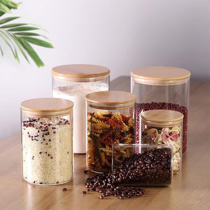 Glass flour Jars with Airtight Lids, 6 Pack Sugar and Flour Salt Containers Set, Extra Large Glass Rice Jar with Bamboo lid for Kitchen, Brown Suger, Beans, Groub Coffee (100OZ/54OZ/27OZ)-Ruum Studio Home