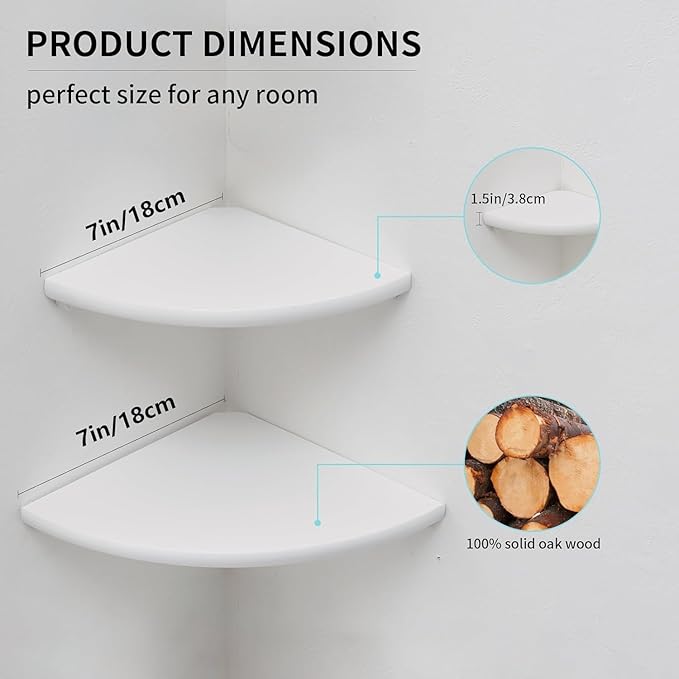 Corner Shelves, Floating Corner Shelf, Set of 2 Solid Oak Wood Wall Shelves, Round End Wall Mount with Wire Hole Shelving for Small Plant for Bedroom Kitchen, Living Room (White, 7.1in 2P)-Ruum Studio Home
