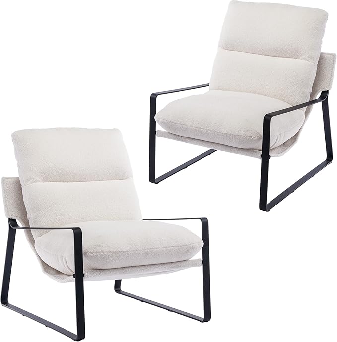 DUOMAY Modern White Sherpa Accent Chair Set of 2, Comfy Lounge Lazy Chair with Metal Leg, Mid-Century Corner Arm Chair for Living Room Bedroom Office Apartment-Ruum Studio Home