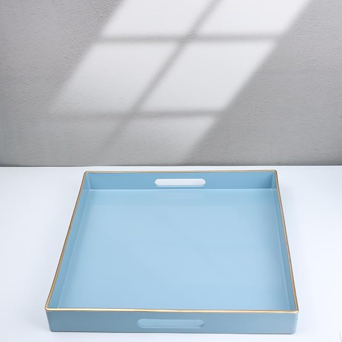 Spsyrine Light Blue Decorative Tray for Living Room, Square Modern Plastic Coffee Serving Table Tray for Ottoman Bathroom Kitchen, 13"*13".-Ruum Studio Home