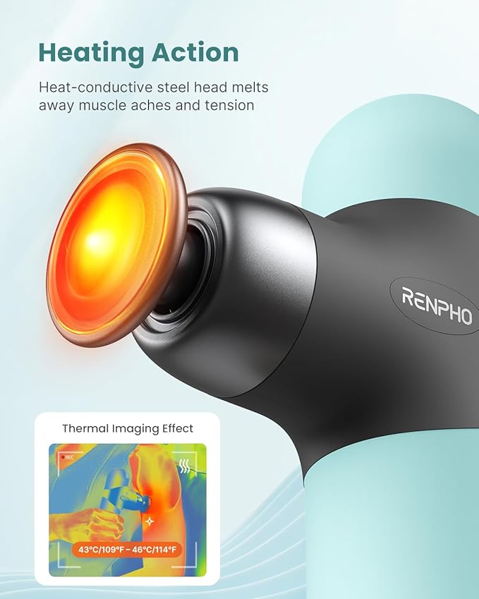 RENPHO Mini Thermal Massage Gun with Heat, Portable Deep Tissue Percussion Massager, Color Silicone Sleeves Travel Size with Carry Case, Mint-Ruum Studio Home