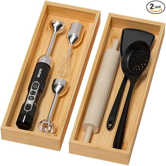 Bamboo Drawer Organizer for Kitchen & Bath, Extra Large Stackable Tray for Silverware, Toiletries & Utensils, 2 Pcs, 17" x 6" x 2" (Outer), 16.3" x 5.3" x 1.77" (Inner)-Ruum Studio Home