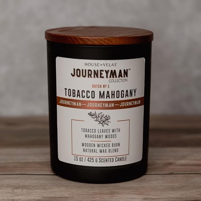 Journeyman Collection Candle, 15oz, Wooden Wick, Tobacco Mahogany, Large Painted Jar-Ruum Studio Home