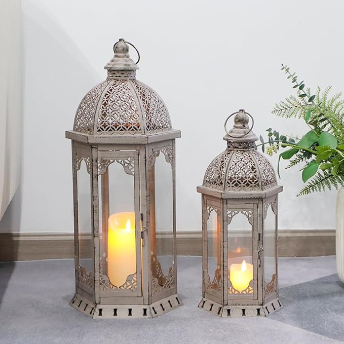 JHY DESIGN Set of 2 Decorative Candle Lanterns 22"&17" H Vintage Metal Candle Holder for Garden Indoor Outdoor Parties Weddings Patio Home Decor(Grey with Black Brush)-Ruum Studio Home