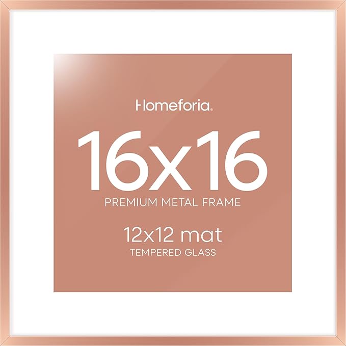 Homeforia 16x16 Picture Frame Rose Gold, High End Metal 16 x 16 Square Poster Frame with Mat 12 x 12 Photo, 16x16 Frame Matted to 12x12 Print, 16by16 Hanging Frames, Tempered Glass, Wall Kit, Set of 1-Ruum Studio Home