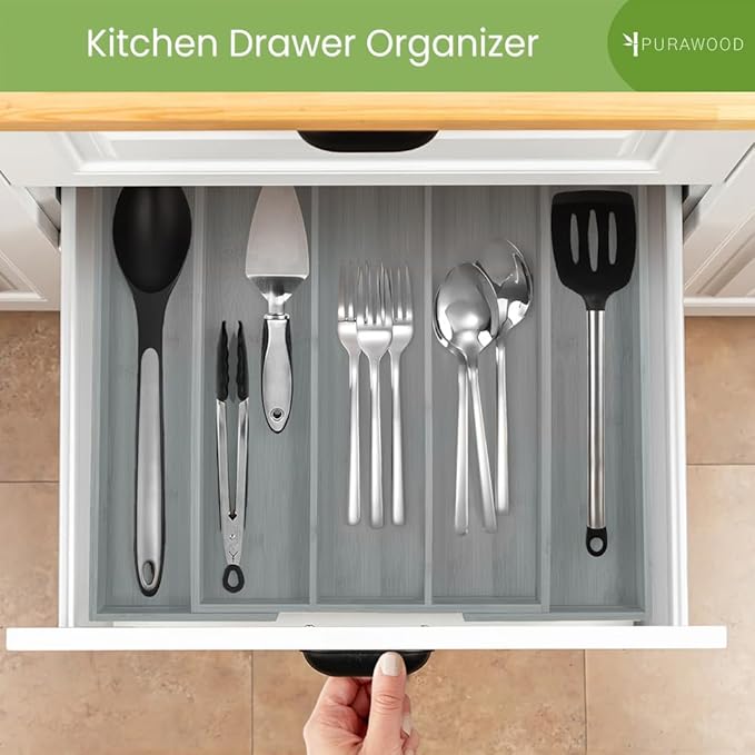 Purawood Kitchen Drawer Organizer - Expandable Utensil Drawer Organizer for Kitchen, Cutlery Tray & Silverware Organizer, 3-5 Slots - Bamboo Organizer for Utensils & Flatware (Grey)-Ruum Studio Home