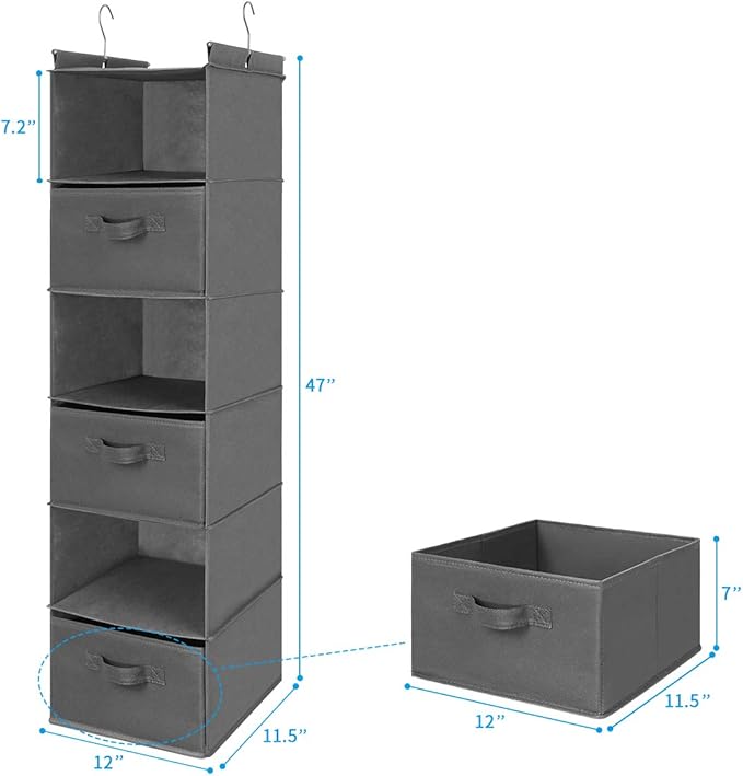 MAX Houser 6 Tier Shelf Hanging Closet Organizer, Closet Hanging Shelf with 2 Sturdy Hooks for Storage, Foldable (Grey-D3)-Ruum Studio Home
