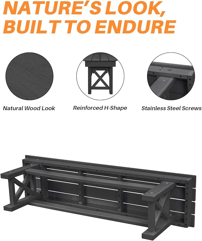 HDPE Outdoor Bench, 55" Patio Bench Outdoor Furniture, Poly Lumber Adirondack Benches, Fade-Resistant HDPE Garden Backless Benches for Park, Poolside, Garden, Porch, Obsidian-Ruum Studio Home