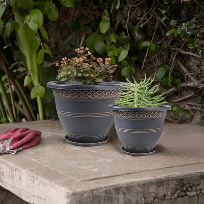10 Inch 4 Pack Large Plant Pots, Plastic Flower Pot for Indoor & Outdoor with Drainage Holes & Saucer, Plaid Pattern Planters Garden Pots for Herbs-Ruum Studio Home