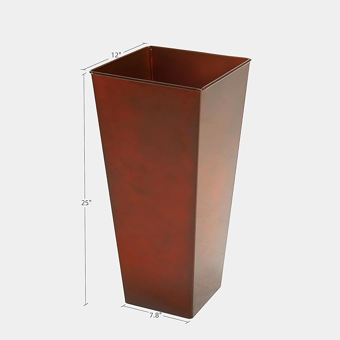KOL 25''H. Galvanized Steel Planter with Saucer, Tall Glazed Planter Pots for Indoor & Outdoor Use, Set of 2, Decorative Flower Plant Pots with Drainage Hole for Porch, Patio, Deck - Reddish Brown-Ruum Studio Home
