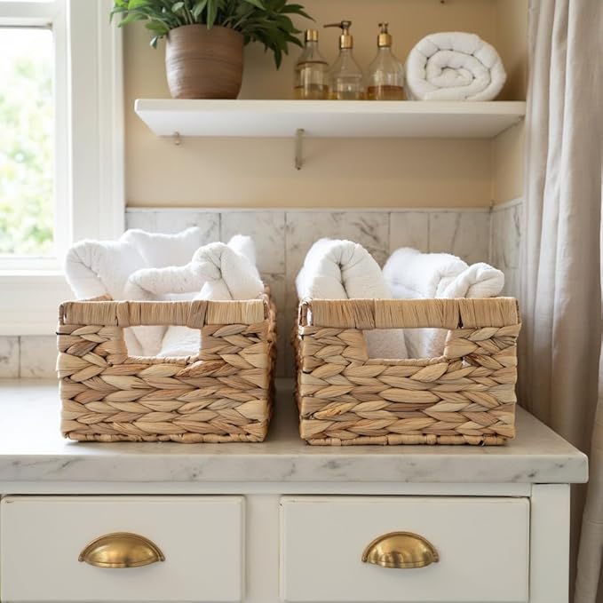 Woven Basket For Shelves, Baskets for Organizing, Wicker Storage Basket with Built-in Handles, Natural Baskets for Toys, Kitchen Storage (Medium 2-Pack, Natural Water Hyacinth)-Ruum Studio Home
