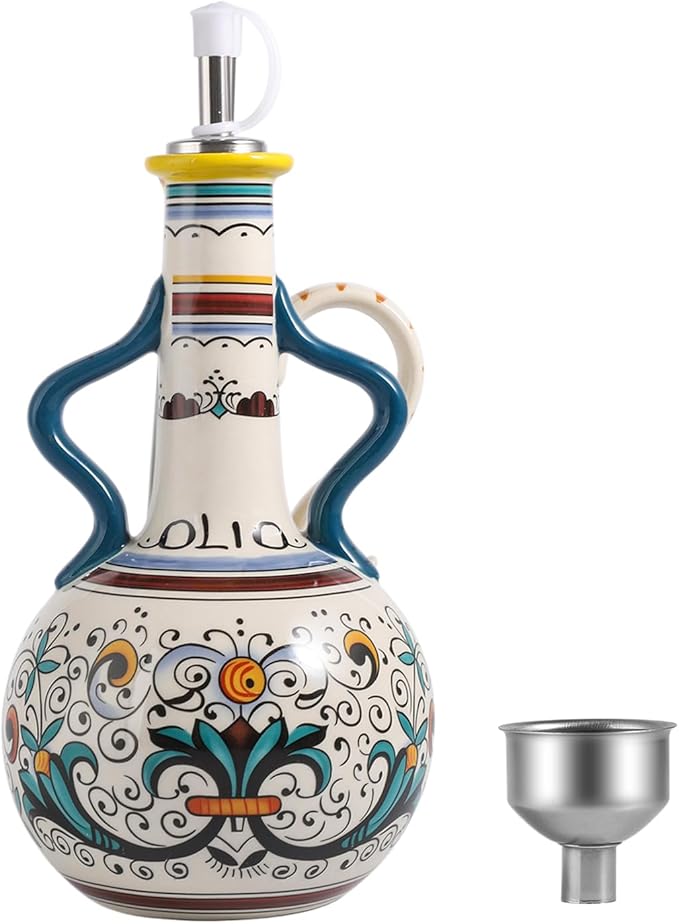 Ceramic Olive Oil Dispenser Bottle 23oz with Handles, Hand Painted Multi-Use Oil Cruet & Flower Vase, Decorative Stoneware Kitchen Cruet with Stainless Steel Spout for Oils, Sauces, Vinegar (B)-Ruum Studio Home
