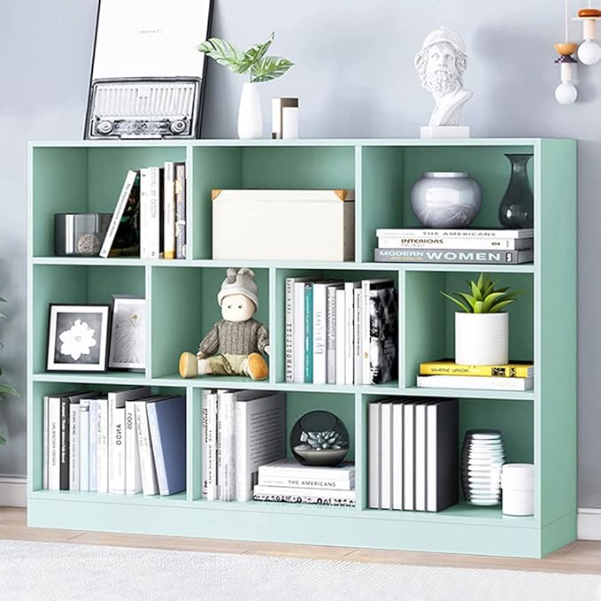 IOTXY Open Shelf Low Bookcase - Wooden 3-Tier Floor Standing Display Cabinet Organizer with Base, 10 Cubes Short Horizontal Bookshelf in Tiffany-Green-Ruum Studio Home
