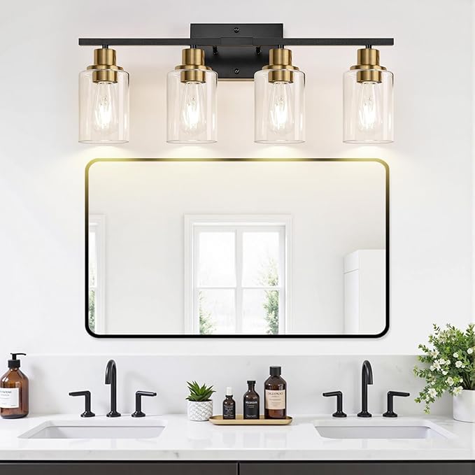 4-Light Bathroom Light Fixtures, Black and Gold Modern Vanity Lights with Clear Glass Shades, Bathroom Wall Lamp for Mirror Living Room Cabinet Bedroom Porch-Ruum Studio Home