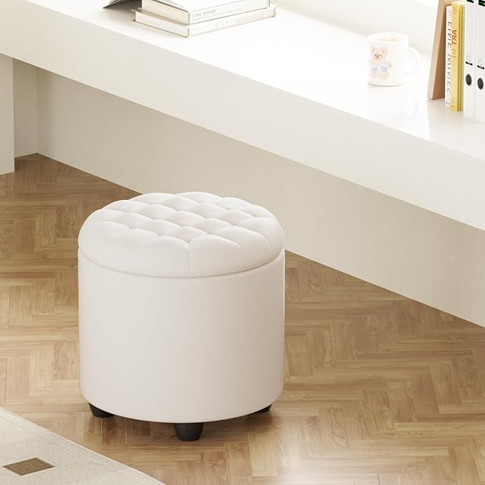 Furniliving Upholstered Button Tufted Round Ottoman, PU Storage Ottoman Round, Removable Lid Convenient Footstools, Classic Ottoman with Storage for Vanity, Nursery Room，IvoryWhite-Ruum Studio Home