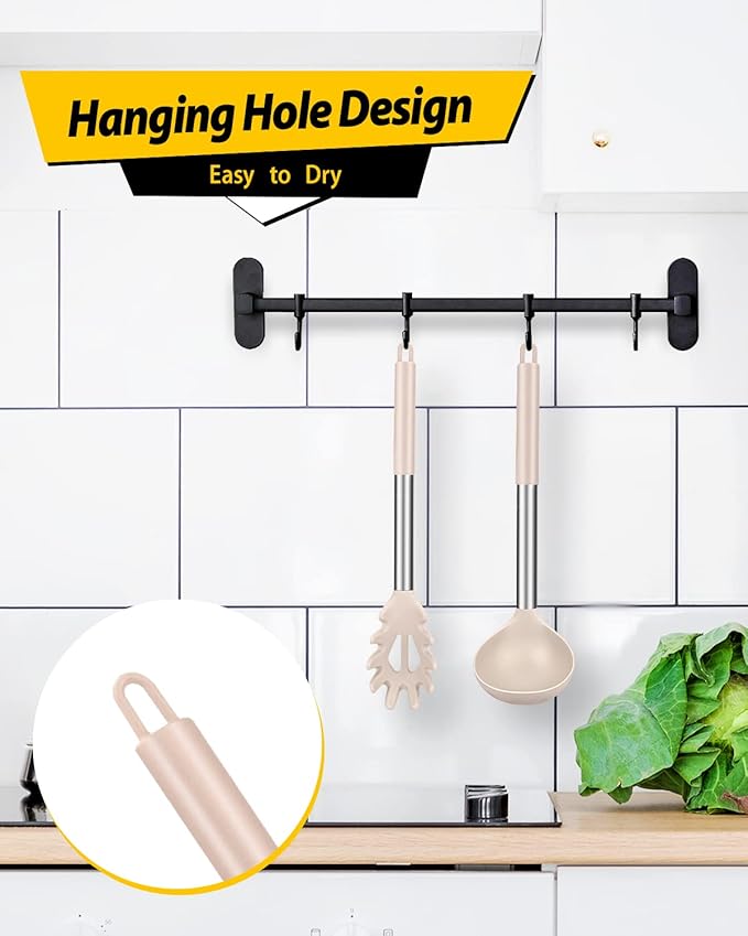 Silicone Pasta Fork and Ladle Spoon Set, Large Non Stick Kitchen Utensils for Cooking,Stirring,Serving Spaghetti, Soup, Sauce (KHAKI)-Ruum Studio Home