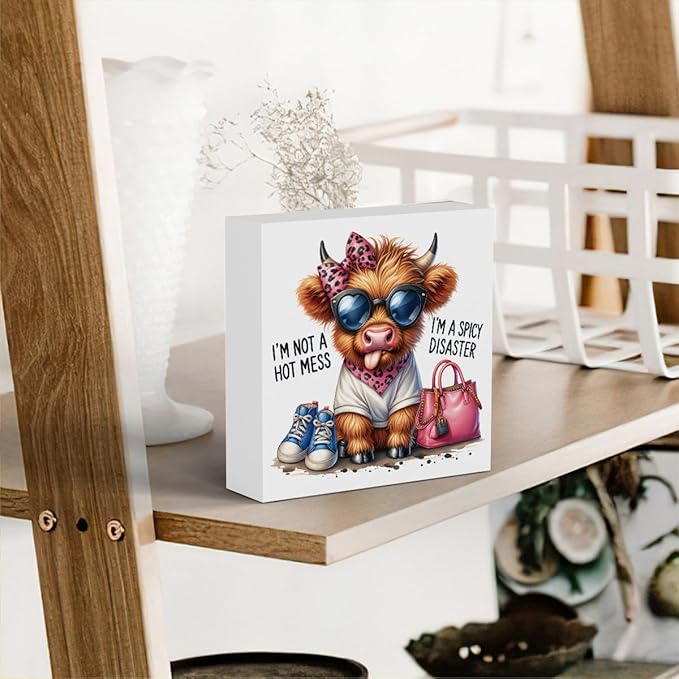 Funny Cute Highland Cow Baby Decor, Cow With Pink Bow, Highland Cow Gifts for women, Western Highland Cow Nursery Decor, Wooden Box Decor Sign for Home Farmhouse Office Living Room Table Shelf-Ruum Studio Home